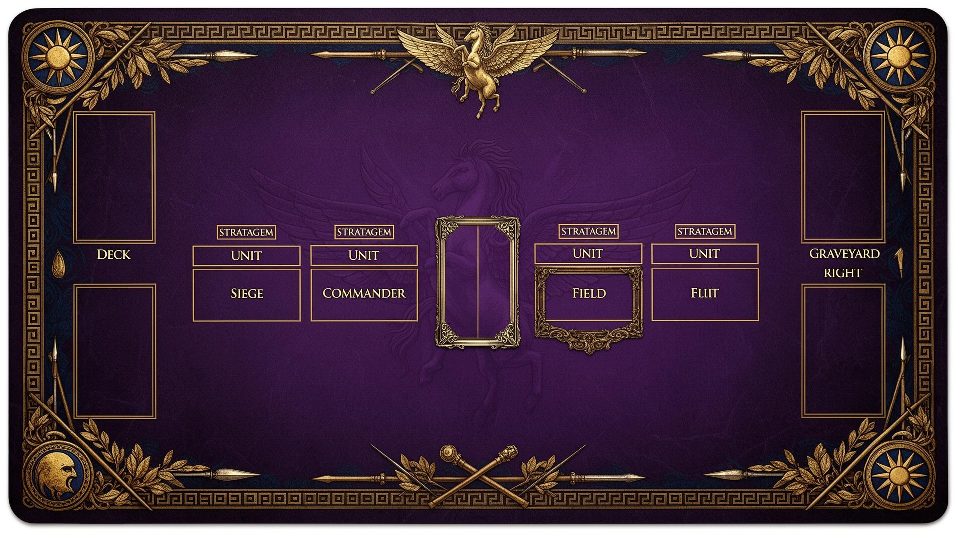 Playmat for Alexander: Royal Purple & Gold with Vergina sunburst, sarissa spears, pegasus.