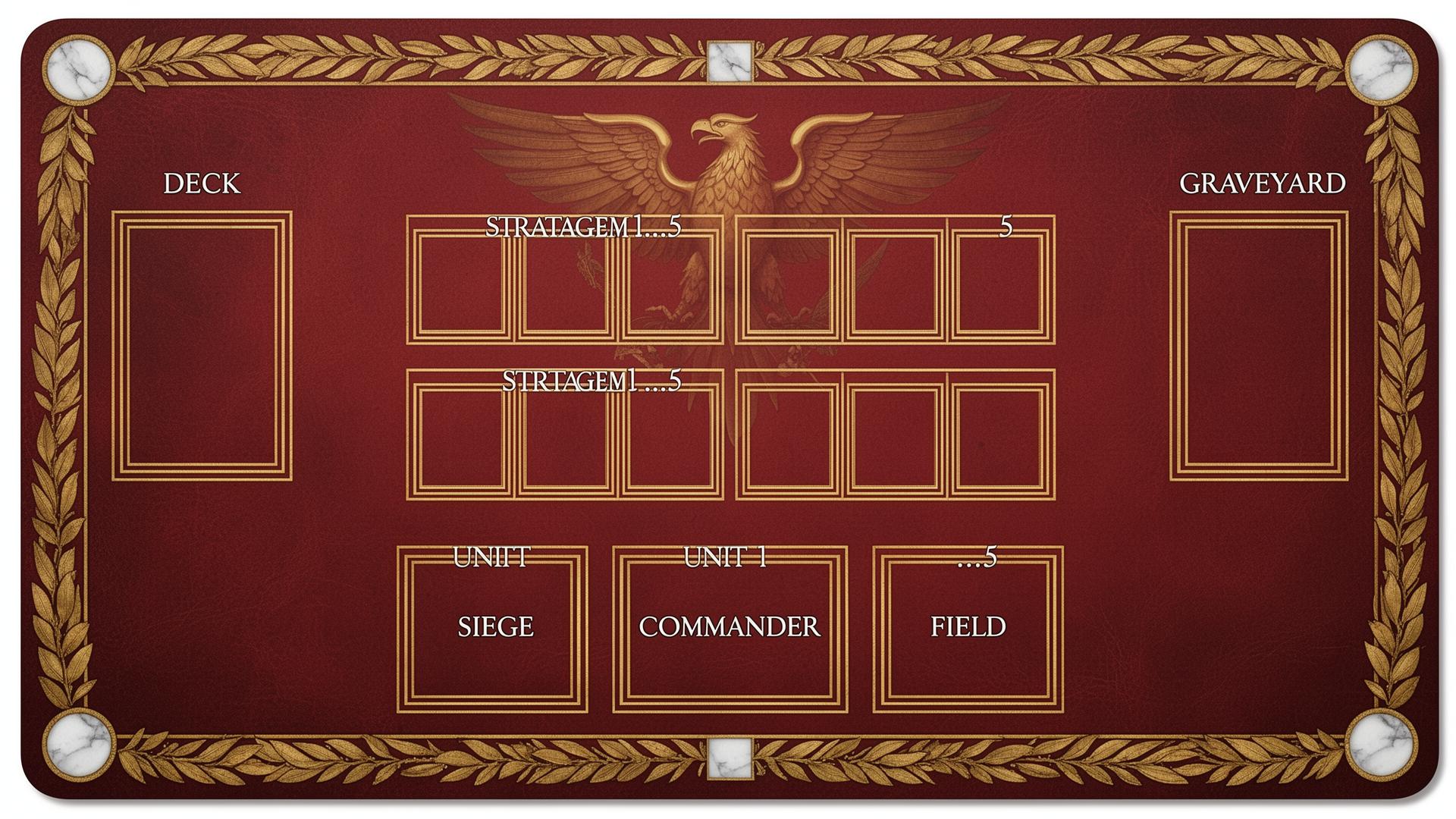 Playmat for Julius Caesar: Crimson & Gold with SPQR eagle, laurel wreath, marble inlays.