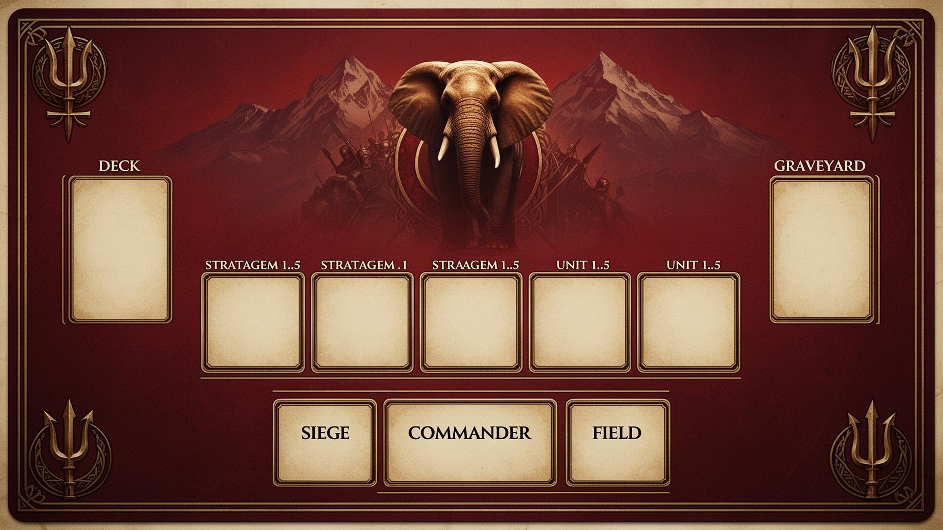 Playmat for Hannibal Barca: Crimson & Bronze with War elephant, Alpine peaks, Tanit, Phoenician trident.