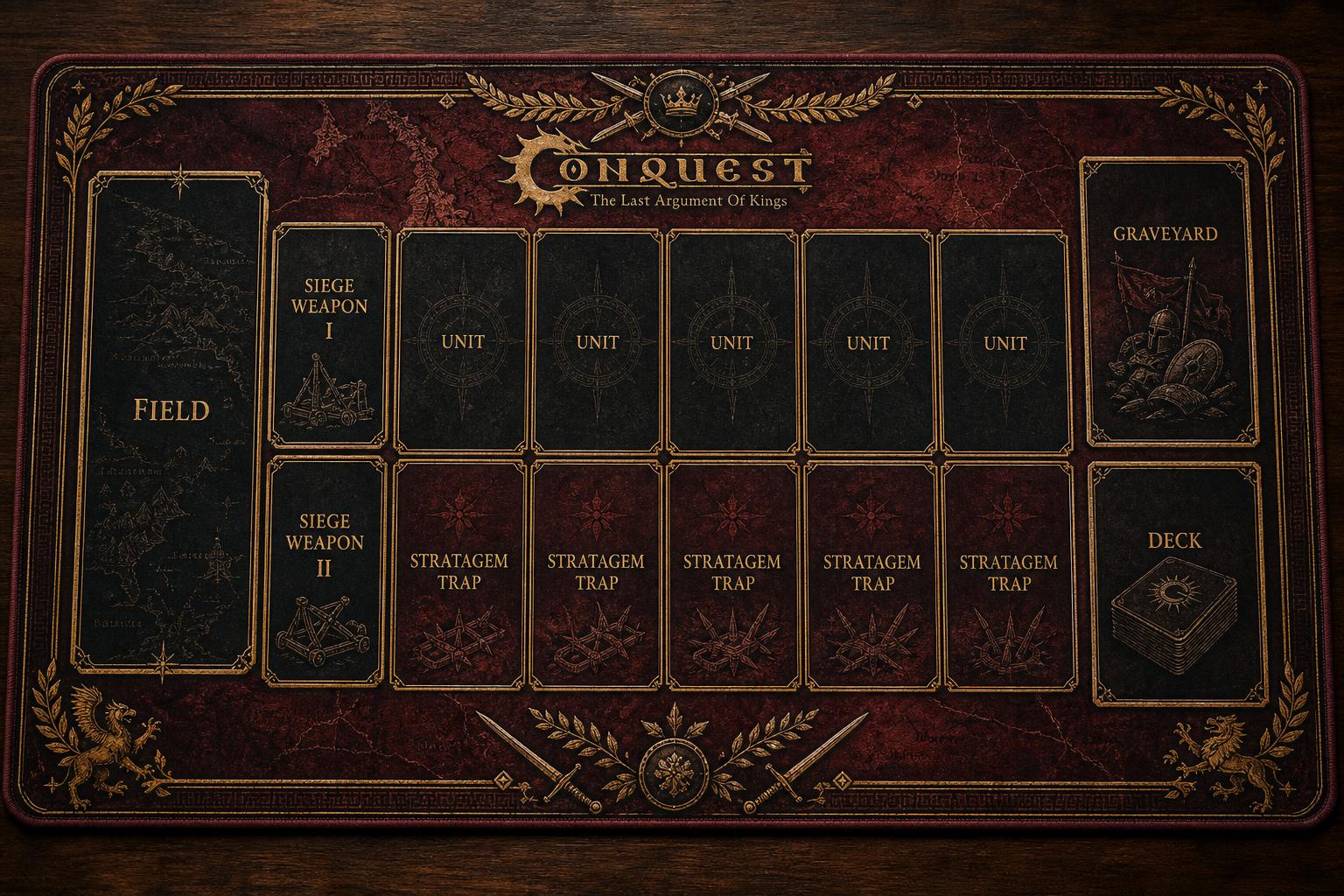 Top-down view of a Conquest playmat: Field zone on the far left, 5 front-line Unit slots in the middle row with 5 Tactic trap slots beneath them, and Graveyard above Deck on the bottom right.